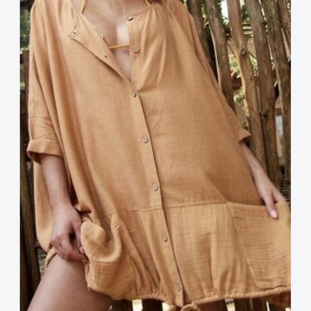 Free People XS/S Oversized Gauze Button Front Tunic Top Tan Boho Pockets